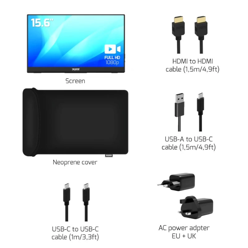 PORT Designs PORT Connect 15.6 inch nešiojamas IPS monitorius - Full HD 1920x1080 - USB-C ir Mini HDMI