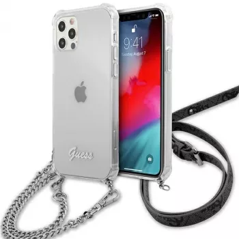 Guess GUHCP12LKC4GSSI iPhone 12 Pro Max 6,7 inch permatomas kietas dėklas su sidabrine grandinėle - 4G kolekcija