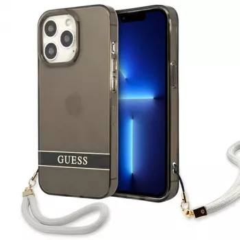 Guess GUHCP13LHTSGSK Peršviečiamas kietas dėklas su rankos dirželiu, skirtas Apple iPhone 13 Pro / iPhone 13, juodas
