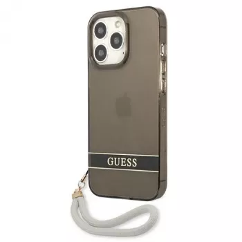 Guess GUHCP13LHTSGSK Peršviečiamas kietas dėklas su rankos dirželiu, skirtas Apple iPhone 13 Pro / iPhone 13, juodas