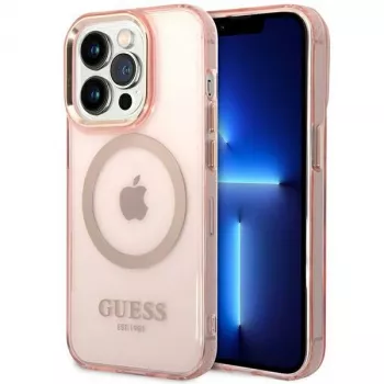 Guess Gold Outline Translucent MagSafe Case, skirtas iPhone 14 Pro Max 6,7 inch rožiniam kietajam dėklui