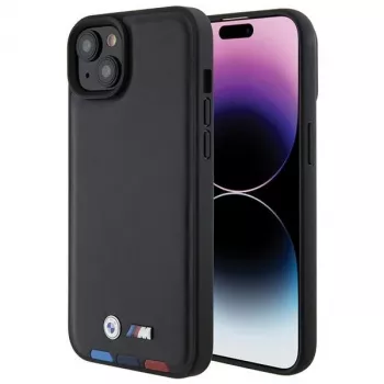 BMW M Collection Leather Stamp Back Cover, skirtas iPhone 15 Plus / 14 Plus 6,7 inch - Juoda su trijų spalvų juostelėmis