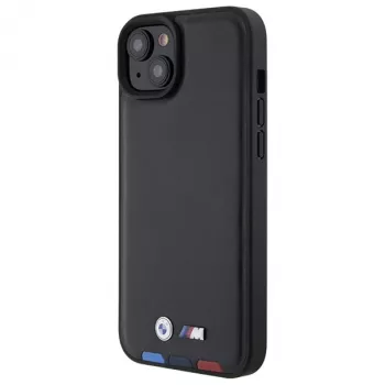 BMW M Collection Leather Stamp Back Cover, skirtas iPhone 15 Plus / 14 Plus 6,7 inch - Juoda su trijų spalvų juostelėmis