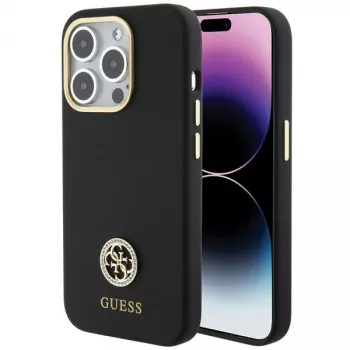 Guess GUHCP15XM4DGPK Hardcase Silicone Logo Strass 4G Back Cover, skirtas Apple iPhone 15 Pro Max 6,7 colio, juoda
