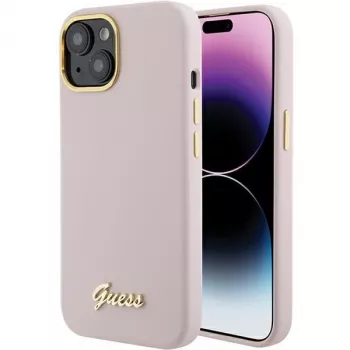 Guess GUHCP15SSMBSLP Silicone Script Metal Logo & Frame Hard Case, skirta Apple iPhone 15 / 14 / 13 6,1 inch - rožinė