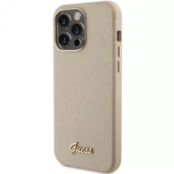 Guess Glitter Glossy Script Hard Case, skirta iPhone 15 Pro 6,1 inch, šviesiai auksinė