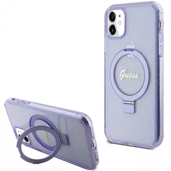 Guess GUHMN61HRSGSU iPhone 11 / XR 6,1 inch Violetinis kietas dėklas su žiediniu stovu, Script Glitter, MagSafe