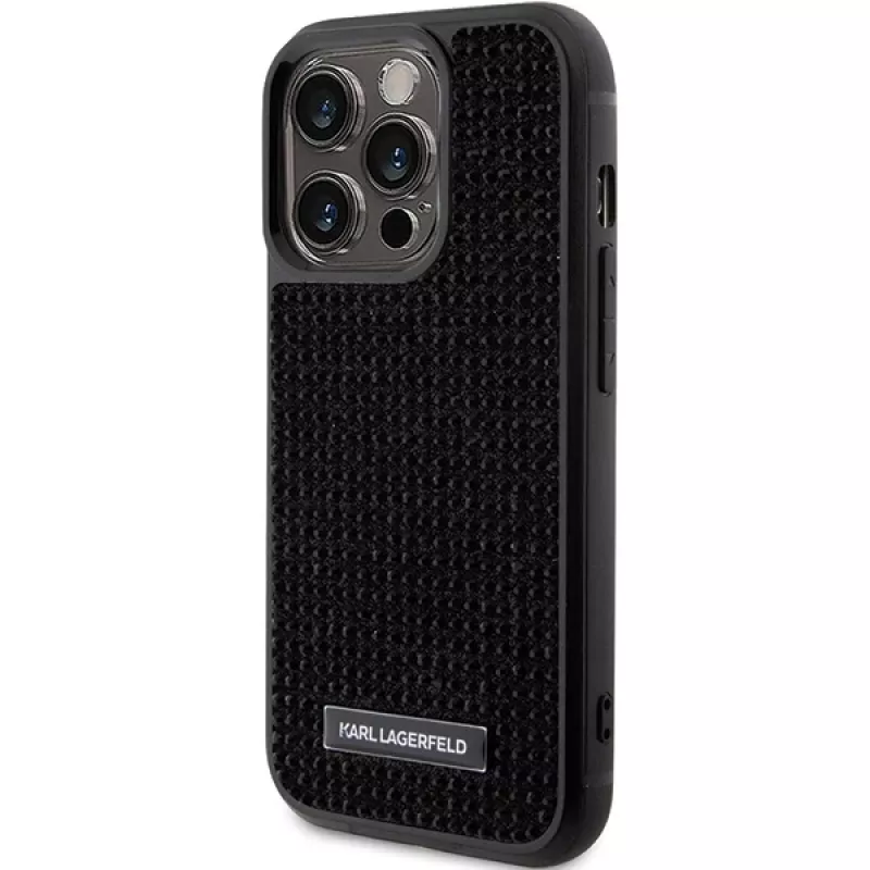 Karl Lagerfeld KLHCP15LHDSPLK Kietas dėklas, skirtas iPhone 15 Pro 6,1 inch juodas, su cirkonio logotipu ir metaline plokštele
