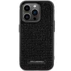 Karl Lagerfeld KLHCP15LHDSPLK Kietas dėklas, skirtas iPhone 15 Pro 6,1 inch juodas, su cirkonio logotipu ir metaline plokštele