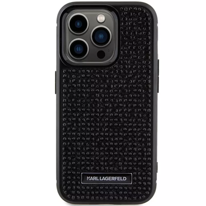 Karl Lagerfeld KLHCP15LHDSPLK Kietas dėklas, skirtas iPhone 15 Pro 6,1 inch juodas, su cirkonio logotipu ir metaline plokštele
