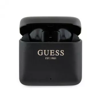 “Guess Printed Logo” tikros belaidės stereo Bluetooth ausinės su įkrovimo dėklu (juodos)