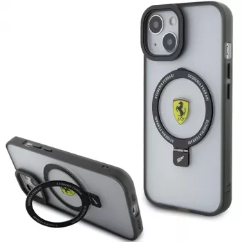 Ferrari FEHMP15SUSCAK iPhone 15 / 14 / 13 6,1 inch Juodas kietas dėklas su žiediniu stovu 2023 kolekcija MagSafe