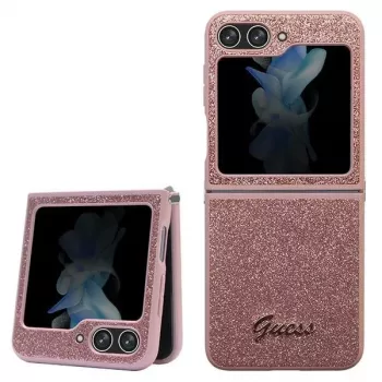 Guess GUHCZF5HGGSHP F731 Glitter Script Hardcase, skirta Samsung Galaxy Z Flip5 - rožinė