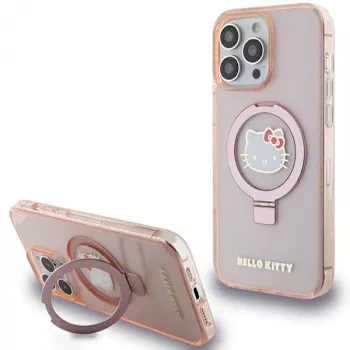 Hello Kitty HKHMP15XHRSGEP iPhone 15 Pro Max 6.7 inch Rožinis kietas dėklas su žiediniu stovu, blizgučiais, Electrop logotipu, MagSafe