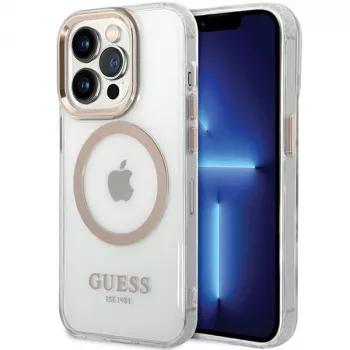 Guess GUHMP15XHTRMD Metal Outline Hard Case, skirta Apple iPhone 15 Pro Max, auksinė, suderinama su MagSafe