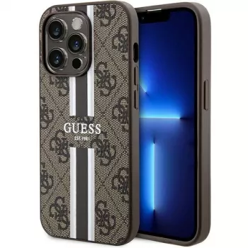 Guess GUHMP15LP4RPSW iPhone 15 Pro 6,1 inch kietas dėklas rudas su spausdintomis juostelėmis MagSafe
