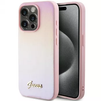 Guess GUHCP15XPSAIRSP Saffiano Iridescent Script Hard Case, skirtas Apple iPhone 15 Pro Max 6,7 inch - Rožinė