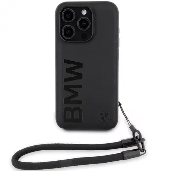 BMW Signature Leather Wordmark Cord Hard Case, skirta iPhone 15 Pro 6.1, juoda