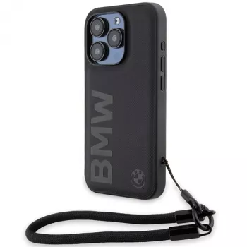 BMW Signature Leather Hard Case, skirta iPhone 15 Pro Max 6,7 inch, juoda su virvele