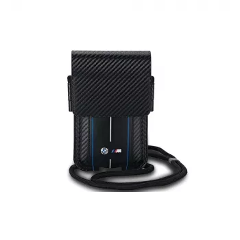 BMW Signature Collection Piniginės Dėklas, skirtas iPhone 15 Pro Max - Juodas su Anglies Pluošto ir Mėlynomis Juostelėmis