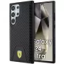 Ferrari FEHCS24LN3PUK Hard Case, skirta Samsung Galaxy S24 Ultra, anglies pluošto dygsniuotas dugnas, juoda