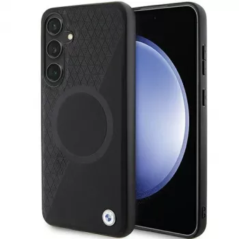 BMW Signature Leather Hard Case, skirta Samsung Galaxy S24+ - Pusiau tekstūruota oda ir Circle MagSafe - Juoda