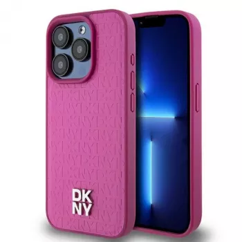 DKNY DKHMP15LPSHRPSP iPhone 15 Pro 6,1 inch rožinis odinis kietas dėklas su monogramos raštu ir metaliniu logotipu, suderinamas su MagSafe