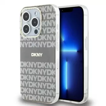 DKNY DKHMP15LHRHSEE Kietas dėklas, skirtas Apple iPhone 15 Pro 6,1 inch smėlio spalvos IML Mono & Stripe MagSafe