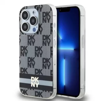 DKNY DKHMP15LHCPTSK Kietas dėklas, skirtas Apple iPhone 15 Pro 6,1 inch - juodas languotas mono raštas ir spausdintos juostelės su MagSafe