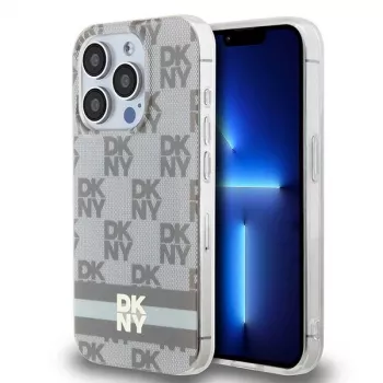 DKNY DKHMP13LHCPTSE Kietas dėklas, skirtas Apple iPhone 13 Pro / iPhone 13, smėlio spalvos languotas monochrominis raštas ir spausdintos juostelės, suderinamas su MagSafe