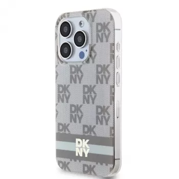 DKNY DKHMP15LHCPTSE Kietas dėklas, skirtas Apple iPhone 15 Pro 6,1 inch šachmatų mono raštu ir spausdintomis juostelėmis, MagSafe, smėlio spalvos