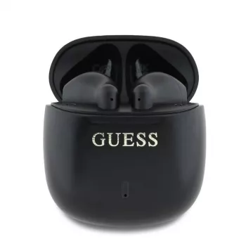 Guess GUTWSJ14ESGKTWS True Wireless Bluetooth 5.3 ausinės su įkrovimo dėklu, juodos, klasikinis logotipo raštas