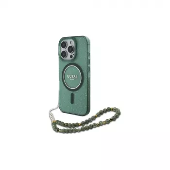Guess IML Glitter With Pearl Strap MagSafe Case, skirtas iPhone 16 Pro Max (žalia)