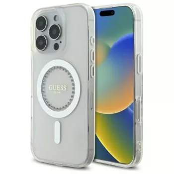 Guess GUHMP16XPFTDTEH Kietasis dėklas, skirtas Apple iPhone 16 Pro Max 6,9 inch baltas IML Rhinestones MagSafe