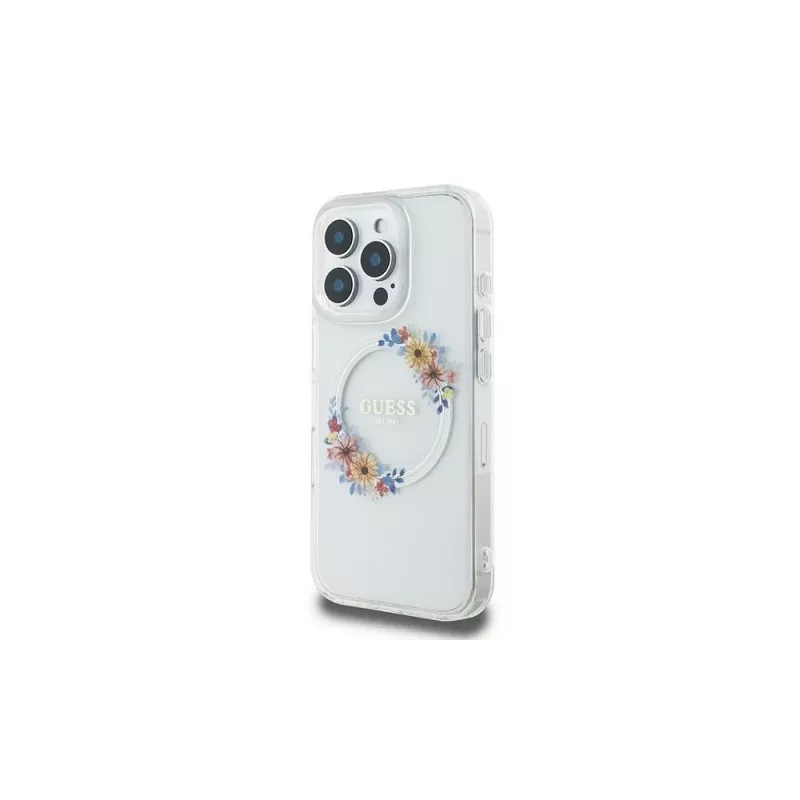 Guess GUHMP16LHFWFCT Hardcase, skirta iPhone 16 Pro 6,3 inch permatomas IML gėlių vainikas MagSafe