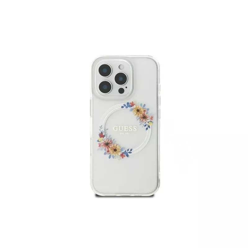 Guess GUHMP16LHFWFCT Hardcase, skirta iPhone 16 Pro 6,3 inch permatomas IML gėlių vainikas MagSafe