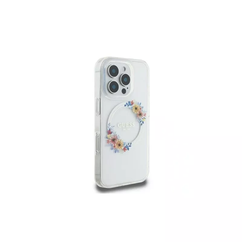 Guess GUHMP16LHFWFCT Hardcase, skirta iPhone 16 Pro 6,3 inch permatomas IML gėlių vainikas MagSafe