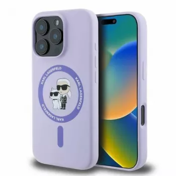 Karl Lagerfeld KLHMP16LSCMKCRHU iPhone 16 Pro 6,3 inch violetinis silikoninis kietas dėklas su Karl & Choupette žiedu ir MagSafe