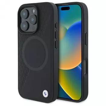 BMW Sign Leather Half Textured Hard Case su Circle MagSafe, skirtas Apple iPhone 16 Pro Max 6,9 inch juodas