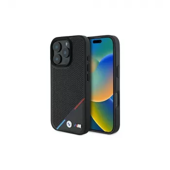 BMW M Perforated Tricolor Line Hardcase, skirta iPhone 16 Pro 6,3 colio – juoda, su MagSafe