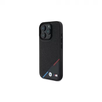 BMW M Perforated Tricolor Line Hardcase, skirta iPhone 16 Pro 6,3 colio – juoda, su MagSafe
