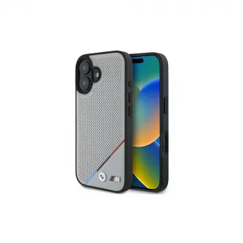 BMW M Perforated Tricolor Line MagSafe kietas dėklas, skirtas Apple iPhone 16 6,1 inch - pilka
