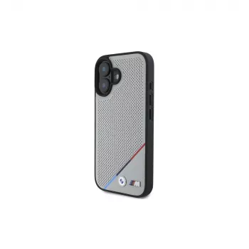 BMW M Perforated Tricolor Line MagSafe kietas dėklas, skirtas Apple iPhone 16 6,1 inch - pilka