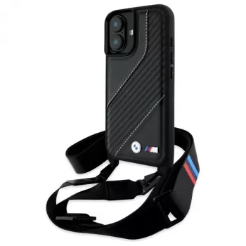 BMW BMHCP16M23PSCCK iPhone 16 Plus 6,7“ juodas kietas dėklas M Edition Carbon Stripe & Strap
