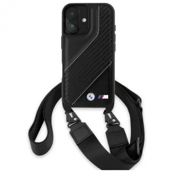 BMW BMHCP16M23PSCCK iPhone 16 Plus 6,7“ juodas kietas dėklas M Edition Carbon Stripe & Strap