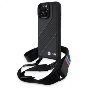 BMW M Edition Carbon Stripe & Strap Hard Case, skirtas Apple iPhone 16 Pro Max 6,9 colio, juodos spalvos