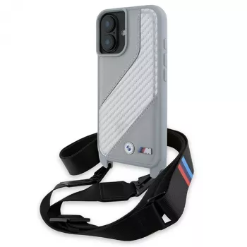 BMW BMHCP16S23PSCCG iPhone 16 6,1 inch pilkas kietas dėklas M Edition Carbon Stripe & Strap