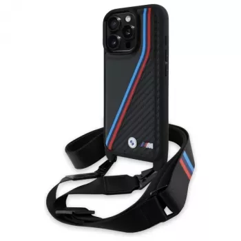 BMW M Edition Carbon Tricolor Lines & Strap Hard Case, skirta iPhone 16 Pro 6.3, juoda