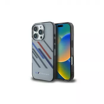 BMW Motorsport Hard Case, skirtas iPhone 16 Pro 6,3 colio, pilkas, IML Random Stripes