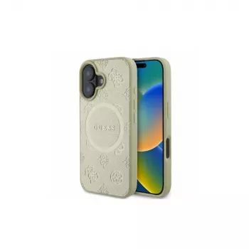 Guess Saffiano Peony Classic Logo MagSafe dėklas, skirtas iPhone 16 (auksinis)